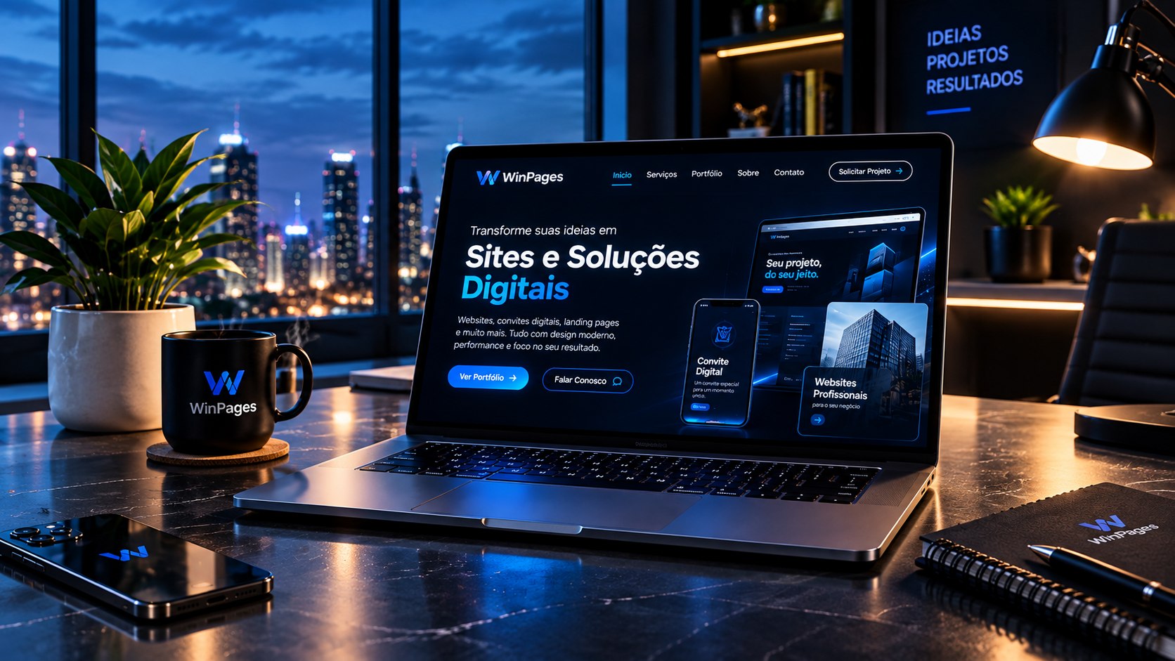 Mockup do site institucional da WinPages exibido em um notebook, em um ambiente de trabalho moderno à noite.